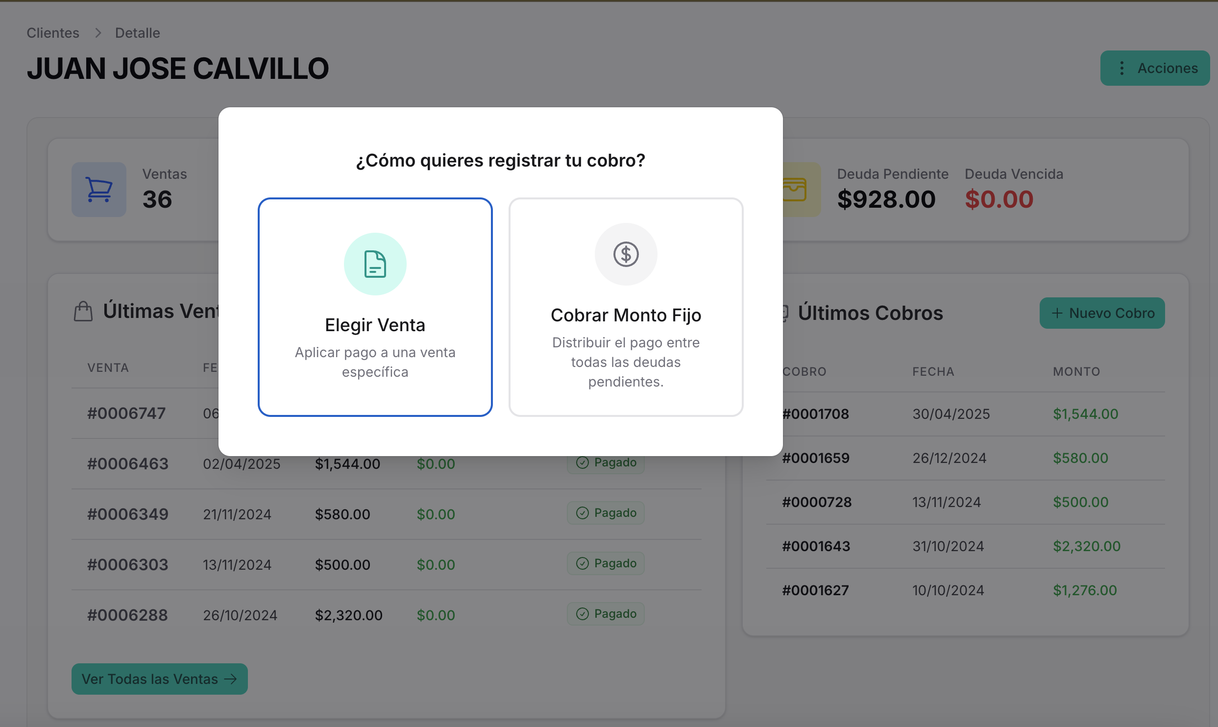 Modal de registro de cobro con opciones de pago en Galagox Ventas
